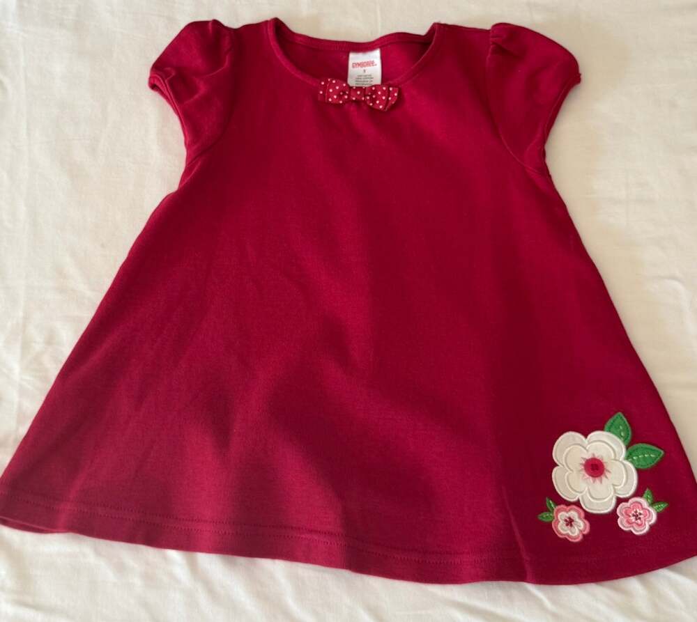 Gymboree Girls 3T Dress Holiday red A-line, Polka Dot bow, floral appliqué hem